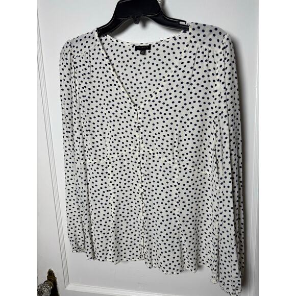 Talbots White Navy Polka Dot V-neck Button Down Blouse Top Size 12 Workwear - Picture 2 of 7